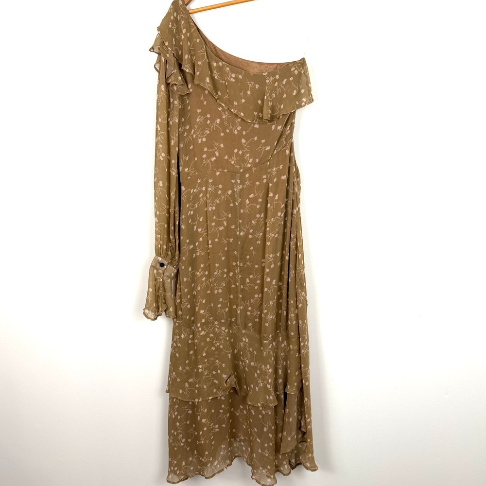 Rahi Cali One Shoulder Floral Ruffle Maxi Dress Women Small Tan Wedding Feminine - Picture 8 of 8
